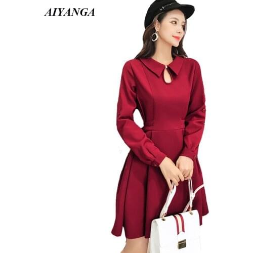 Red Christmas dress 2018 Autumn Winter Long Sleeve A-Line Dress Ladies Elegant Short Dresses Slim Solid Color Party Dresses