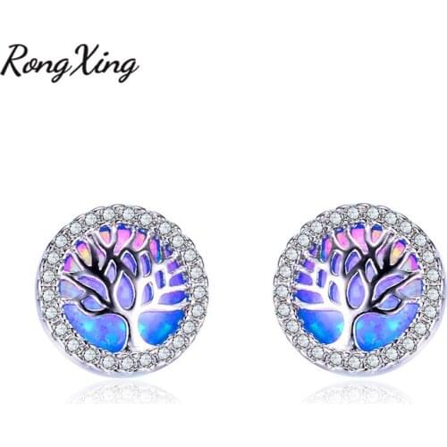 RongXing Mystic Round Rainbow Life Tree Stud Earrings Silver Color Zircon Blue/White Fire Opal Earrings Ear0836