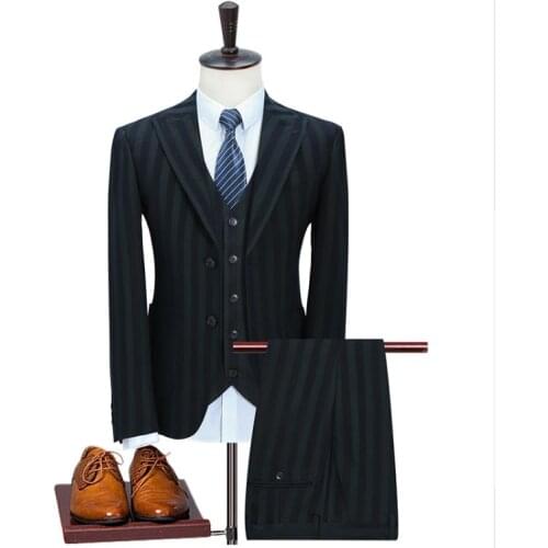 Jacket+Vest+Pants) Mens Wedding Dress,2019 Autumn New Style Mens Fashion Wool Stripe Suit Men High Quality Wool Wedding Suits