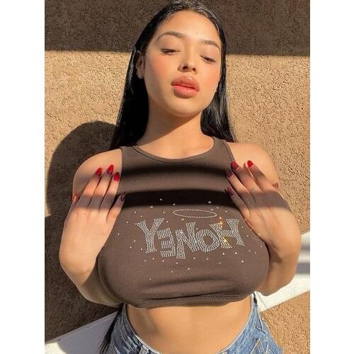 2021 Summer Women Diamond Glitter Letter Tank Tops Fashion Club Sexy Vest Shirt Sleeveless Casual Slim Crop Tops Streetwear