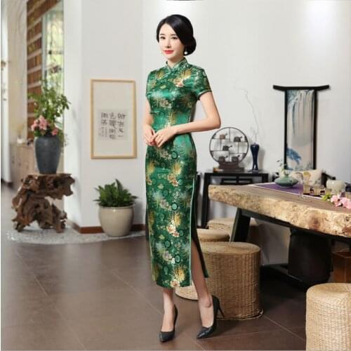 Fashion Dress Chinese Traditional Style Satin Long Cheongsam Evening Dress Qipao Chrysanthemum Size S M L XL 2XL 3XL