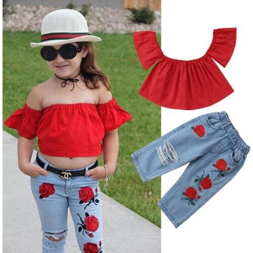 2pcs Fashion Girls Clothing Set Summer Baby Girls Clothes Red Top Ruffles+Denim Floral Hole Pant Children Clothing Ailing