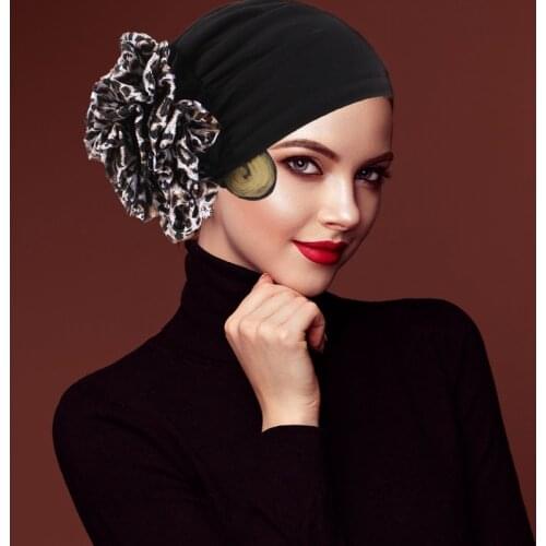 Fashion Women Big Flower Hijab Bonnet Muslim Stretch Headscarf Islamic Head Wrap Turban Caps Ladies Hair Accessories Chemo Hat