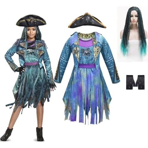 Descendants 3 Mal Bertha Maleficent curls Live Evil Straight blue kids adult Cosplay cap + dress halloween costume for kids wig