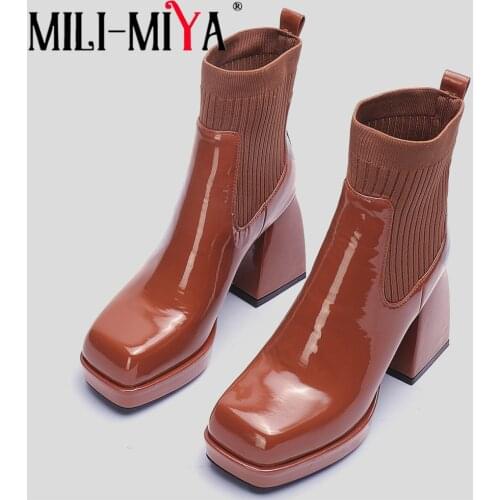 MILI-MIYA New Autumn Brand Elastic Knitting Patent Leather Women Ankle Boots Sexy Thick High Heels Balck Brown Platform Shoes