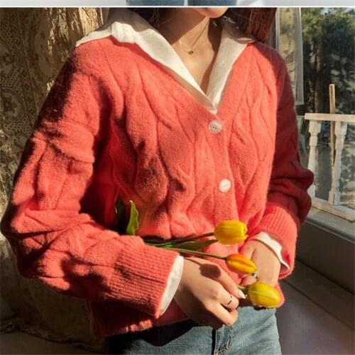 New Sweet Candy Color Sweaters Jackets Women Winter Korean Casual Loose V-neck Twist Females Cardigans Thick Warm Sweater Coat