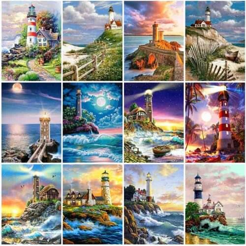 HUACAN DIY Painting By Numbers Lighthouse Hand Painted Sea Paintings Drawing On Canvas Pictures By Number Scenery Home Decor