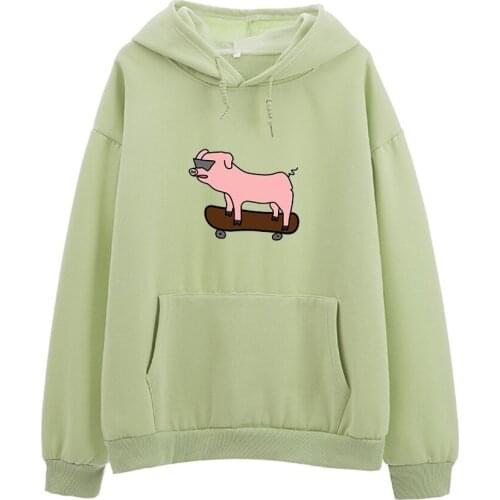 Autumn Winter Skateboard Pig Printed Hoodies Funny Harajuku Long Sleeve Hip Hop Women Hooded Oversized Sweatshirt Korean Clothes