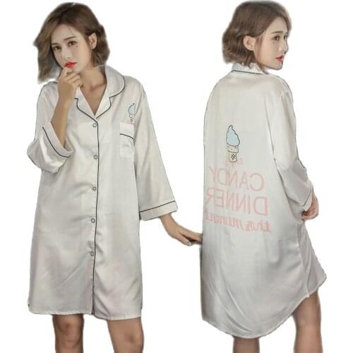 Womens Home Clothes Homewear Button Nightgown Turn-down Collar Nightie Three Quarter Sleeve Women Summer Thin Silk Night Dress