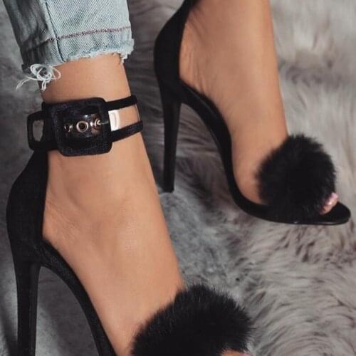 Snake Women Ankle Strap Sandals Casual Flock Buckle Strap Thin Heels 11.5CM Open Toed High Heels Women Sandals Discount Pumps