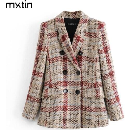 2020 Winter Womens Vintage Plaid Double Breasted Tweed Blazers Coat Women Elegant Ladies Long Sleeve Female Outerwear Blaser