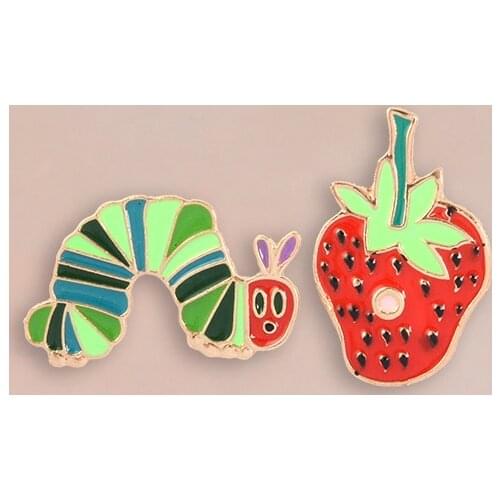 2pcs/set Strawberry and Caterpillar Enamel Brooches Button Pin Bag Hat Cap Clothes Badge Fruit Jewelry Funny Gift for Kid Friend