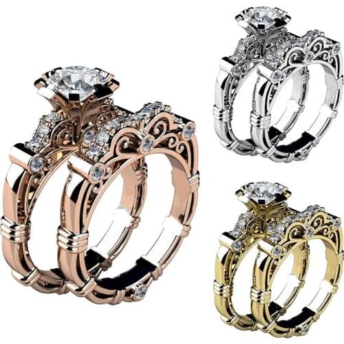 2Pcs/Set Women Ring Engagement Wedding Ring Retro Women Rhinestone Carved Finger Ring Jewelry Womans accesories