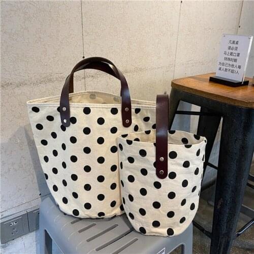 2020 new ins French retro polka dot wild hand carry canvas bag environmentally friendly lunch box portable bucket bag female