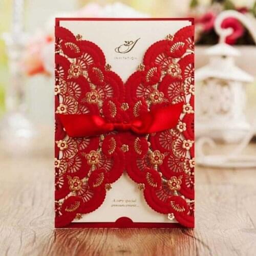 50pcs Wishmade Laser Cut Wedding Invitations Cards with Bowknot Lace Flower Cardstock for Party Supplies, Customizable CW5113