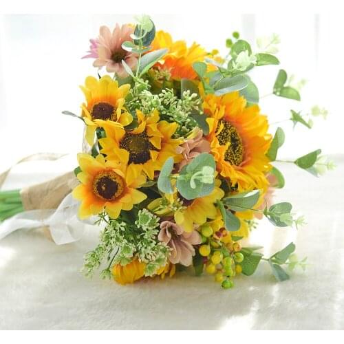 Artificial Sunflower Bouquets Fake Yellow Silk Flower Bride Holding Bouquet Home Office Decor for Party Garden Hotel Wedding