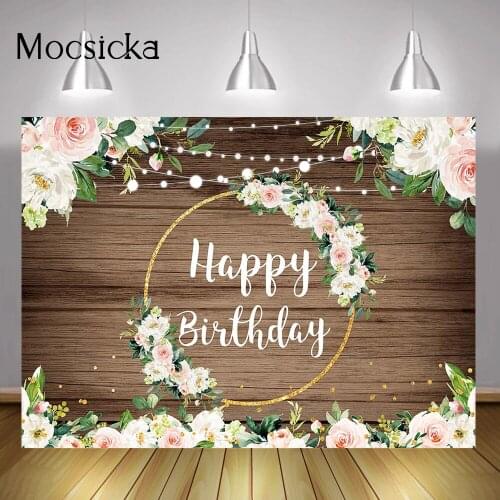Floral Birthday Party Backdrop Gold Ring Flowers Brown Wooden Wall Background Rose Light Happy Birthday Cake Table Photo Shoot