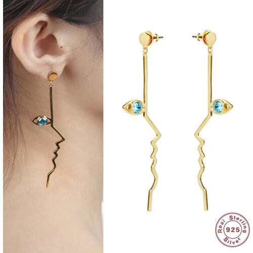 Irregular Geometric Long Drop Earrings 18K Gold Color Pendant With Blue Zircon Ear Rings Sterling Silver 925 Jewelry