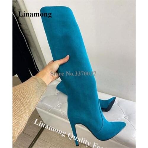 Linamong Women Elegant Pointed Toe Knee High Stiletto Heel Boots Blue Suede Long High Heels Boots Club Dress Shoes