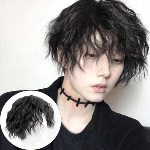DIANQI Males Wig Short Curly Black Synthetic Wigs With Bangs for Men Women Boy Fake Hair