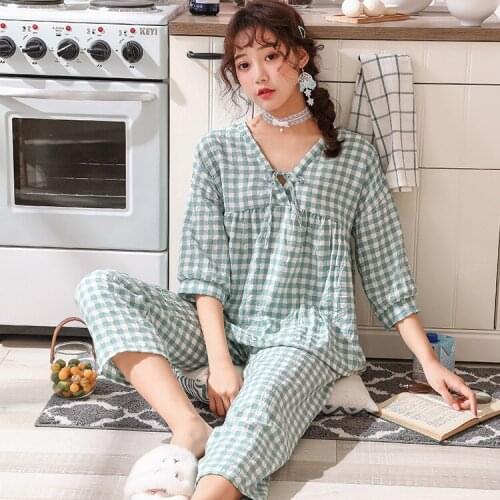 Spring and Autumn New Womens Pajamas Plaid V-neck Casual Simple Homewear Pijamas Women Pajamas for Women Sleep Tops Sleepwear