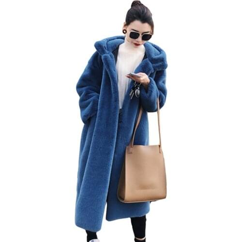 New Winter Thick Mink Fur Women Warm Plush Coat Ladies Long Parka Hooded Overcoat Females 2019 Imitation Velvet Fur Coat XS-XL