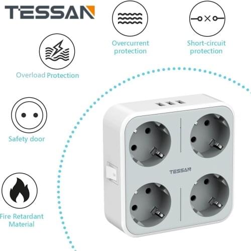TESSAN Multi Socket Expander EU Plug Power Strip with 4 Outlets 3 USB Ports On/Off Switch European Wall USB Socket Power Adapter