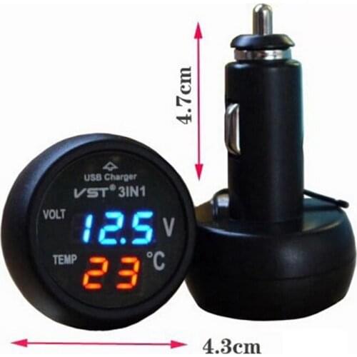 3 in 1 Digital Voltmeter Thermometer 12V 24V Cigarette Lighter USB Car Charger 5.0V 2.1A (only blue and red color)