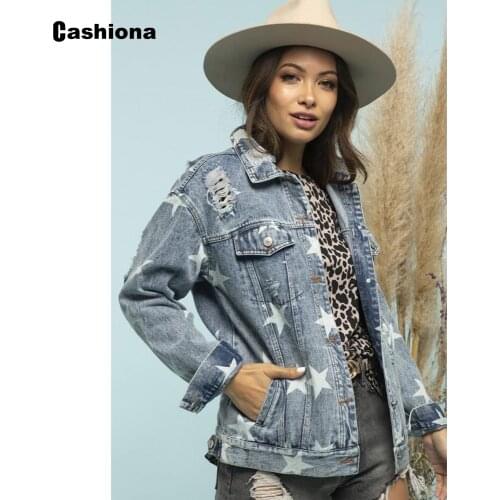 European Style 2021 Autumn Women Demin Jackets Fashion Hole Ripped Outerwear Stars Print Coats Skinny Pocket Design Jean Jacket