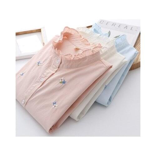 Women Stand-up Collar Shirt Small Fresh Embroidery Bottoming Top Ladies Single-breasted Wild Casual Top Crop Long-sleeved Shirt