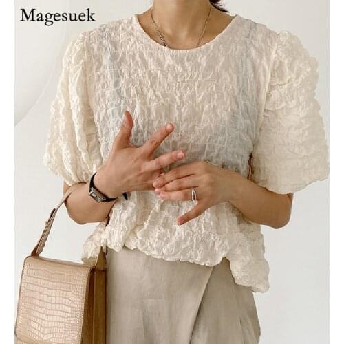 Korean Vintage Pleated Summer Blouse Women Elegant Chic Puff Short Sleeve Shirt Female Plus Size Chiffon Tops Blusas Mujer 13752