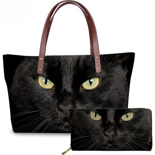NOISYDESIGNS Black Cat Pattern Women Handbags Top-handle Bags Long Purse Female Shoulder Bag Ladies Tote sac a main Messenger