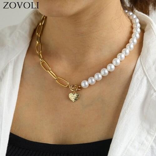 ZOVOLI Pearl Chain Necklace Cuban Link Unif Necklaces For Women Gold Heart Pendant OT Clasp Minimalist Fashion Jewelry Gift