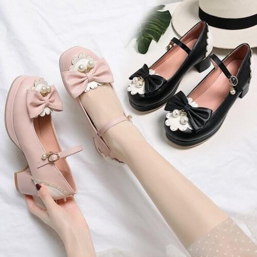 Black Mary Jane Shoes Women Lolita Kawaii Shoes Designer Platform High Heels Pumps Cute Bow Shoes 2020 Women Chunky Heels Pink