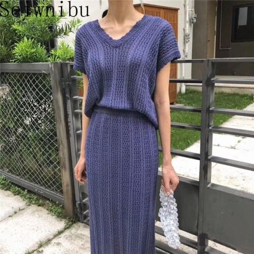 2020 New Summer Woman 2 Piece Sets Matching Long Skirts High Waist Knitting Casual Fashionable Elegant Suits WS2883