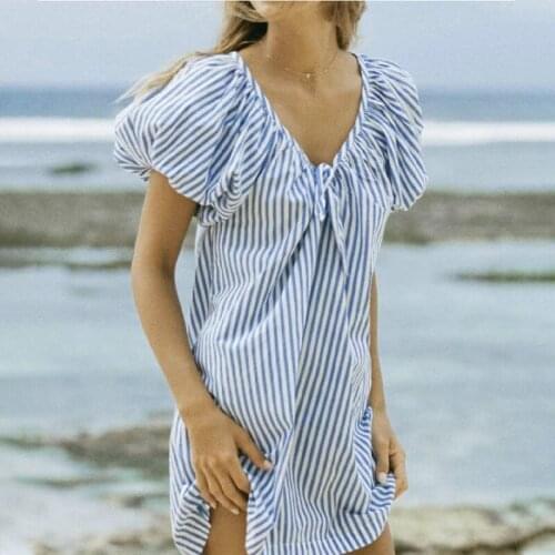 2021 Summer Blue Striped Women Mini Dress Puff Short Sleeve Lace Up V-neck Loose Ladies Dresses Casual Korean Female Clothes