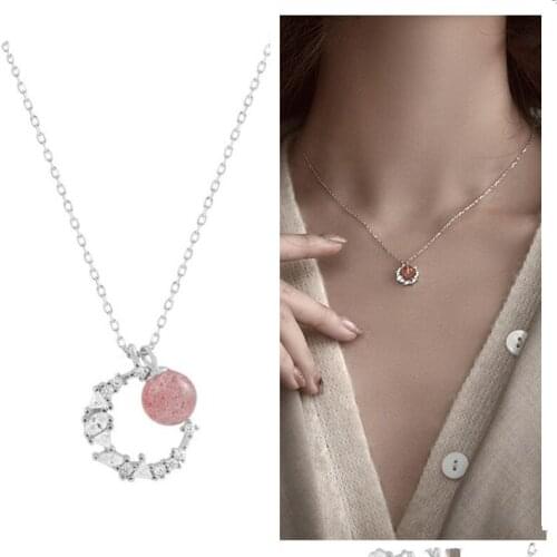 New Fashion Lady Silver 925 Sterling Necklace For Women Jewelry Trendy Crystal Pink Moon Pendant Girl Clavicle Necklace Female