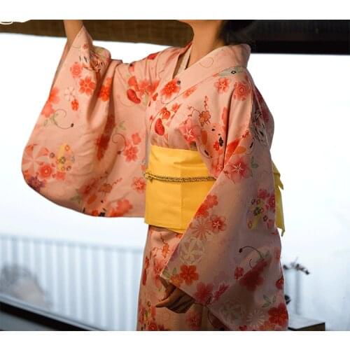 2019 SELLWORLDER Japanese Kimono Style yukata retro Girl dress Woman pink flower print Long Dress with handbag