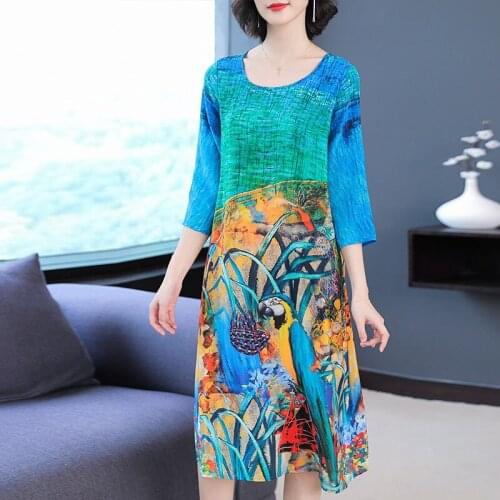 Holiday Beach Dress Women Loose Faux Silk Plus Size Vestidos 2021 New Elegant Retro Printed O-Neck Robe Ladies Dresses Spring
