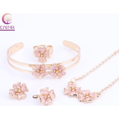 Gold Color Enamel Flower Necklace Bangle Bracelet Ring Set For Children Kids Costume Jewelry Sets 5Color