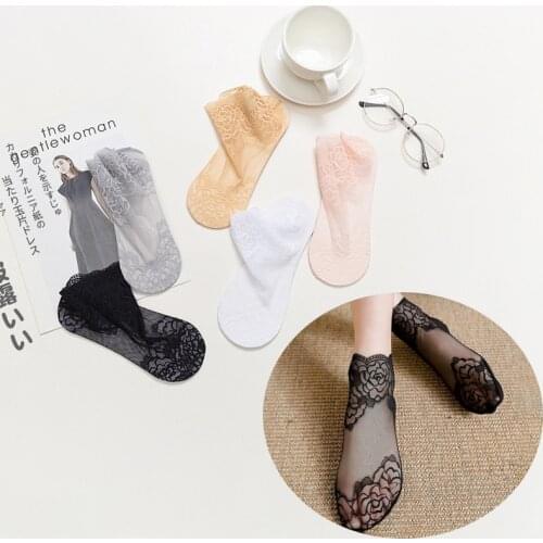 1 Pairs Fashion Summer Sexy Women Socks Lace Flower Style Solid Color Mesh Short Sock Female Cotton No show Socks 2021