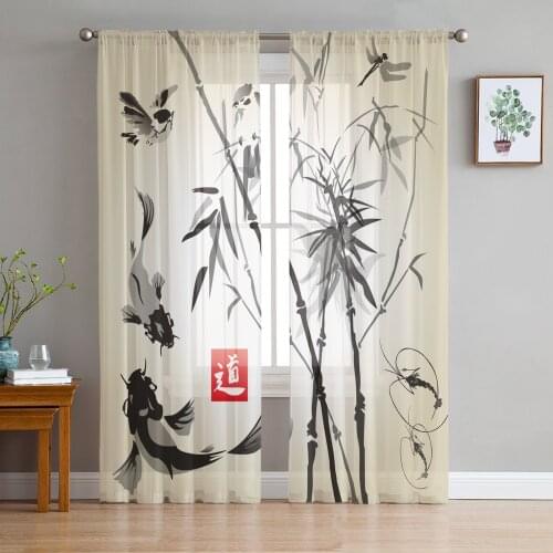 Bamboo Carp Chinese Ink Painting Sheer Curtains for Living Room Modern Voile Curtain Bedroom Tulle Curtains Window Drapes Decor