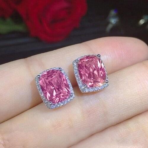 Huitan Classic Women Stud Earrings Jewelry Big Pink Zircon Micro Paved White CZ Elegant Female Accessories Fine Anniversary Gift