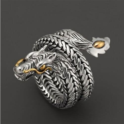 Punkboy 2021 Unique Silver Color Two-tone Domineering 3D Stereo Dragon Metal Male Ring for Party Jewelry Accessories Size 6-13