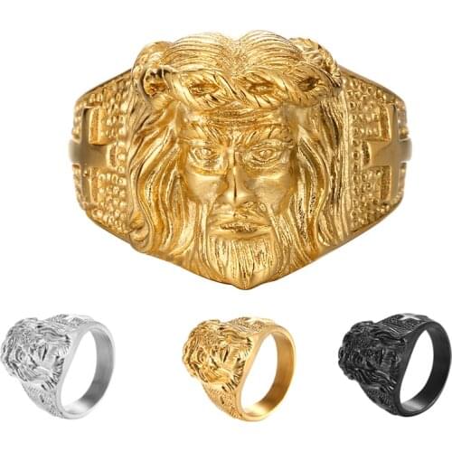 Men Religious Ring Jesus Face 316L Stainless Steel Silver Color Rings Charm Christian Punk Finger Ring Male Jewelry Gifts