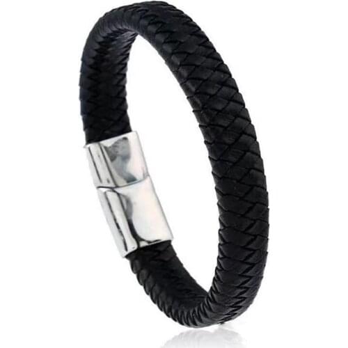 2021 Charm Men Jewelry Classic Black Braided Leather Bracelet for Men Stainless Steel Magnetic Clasp Punk Homme Bangles Gifts