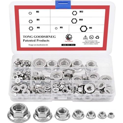 M3 M4 M5 M6 M8 M10 M12 Hex Flange Nuts Assortment Kit 304 Stainless Steel Fasteners 7 Sizes,Corrosion Resistant Hardware