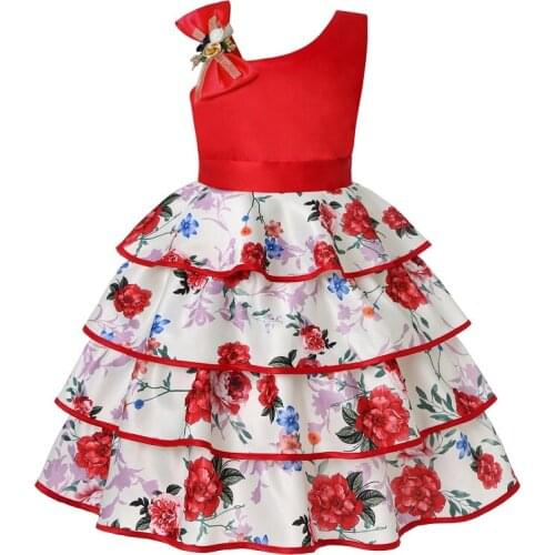 2-10 Years Layered Dress Print Flower Cute Tutu Gown Bow Hidden Zipper Oblique Shoulder Toddler Girl Party Dresses Elegant 2021