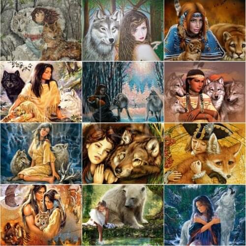 Full Square Diamond Painting Figures with Animals 5D Diy Rhinestone Embroidery Home Decoration Handmade Wall Art Poster