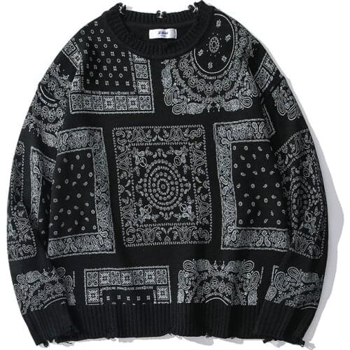 High Street Fashion Couple Pullovers Autumn Cashew Flower Print Ripped Sweater Mens Loose Oversize Hip Hop Round Neck Knitwear